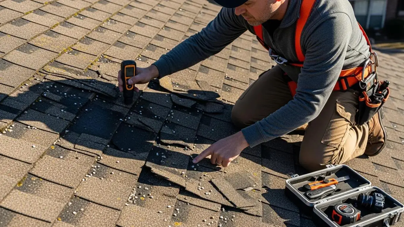 Professional inspecting roof condition, highlighting key signs of damage and the need for roof repair or replacement
