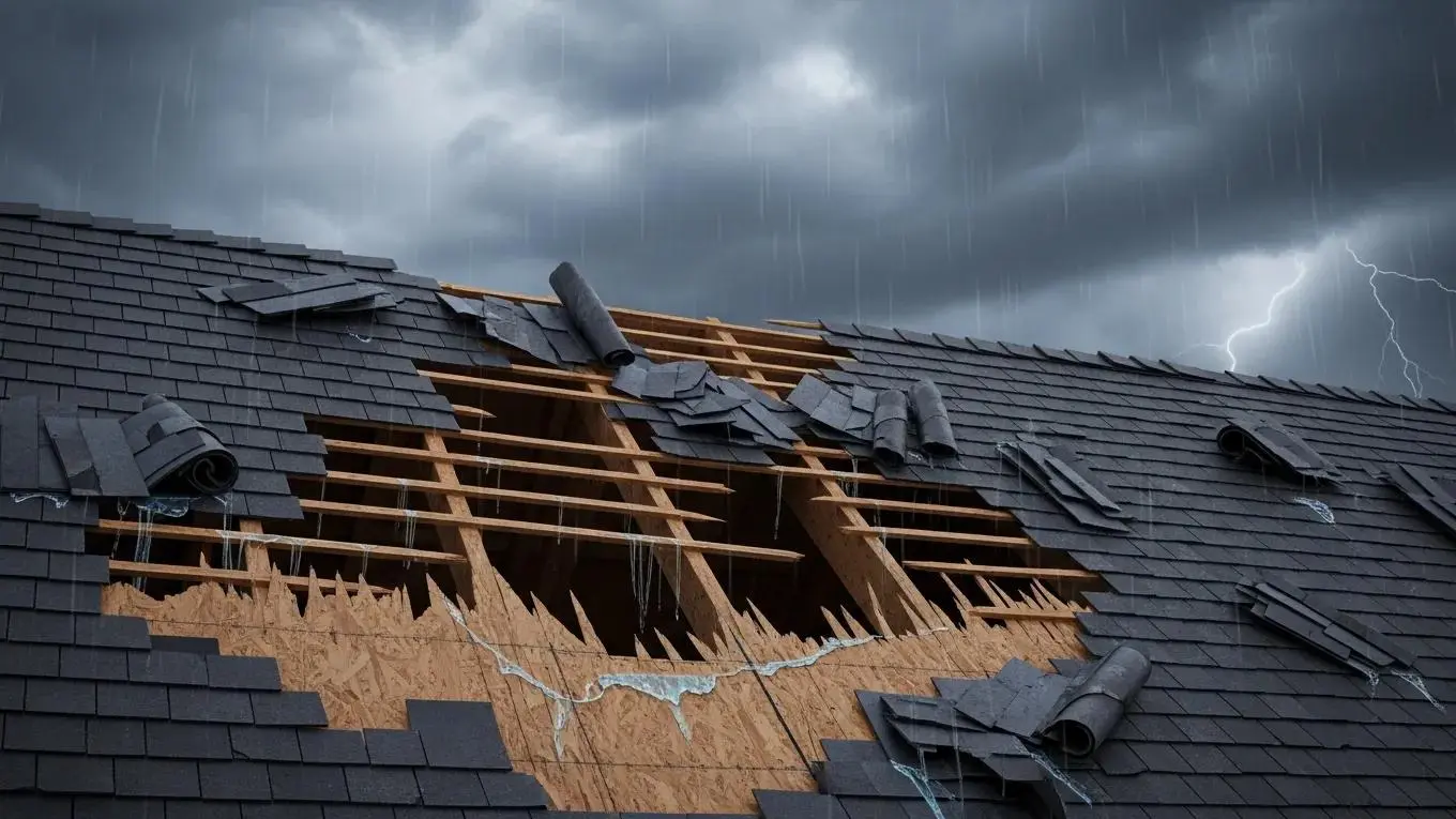 Storm-damaged roof showcasing missing shingles and signs of severe structural issues, illustrating the urgency for repairs